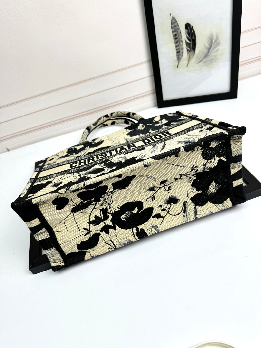 Christian Dior Medium Book Tote - Black and White Floral Embroidered Canvas