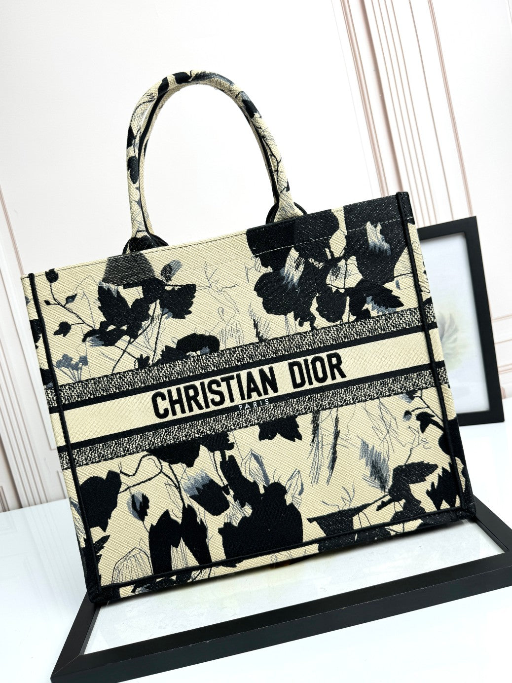 Dior Black and Beige Floral Canvas Tote Bag Large Top Handle Handbag