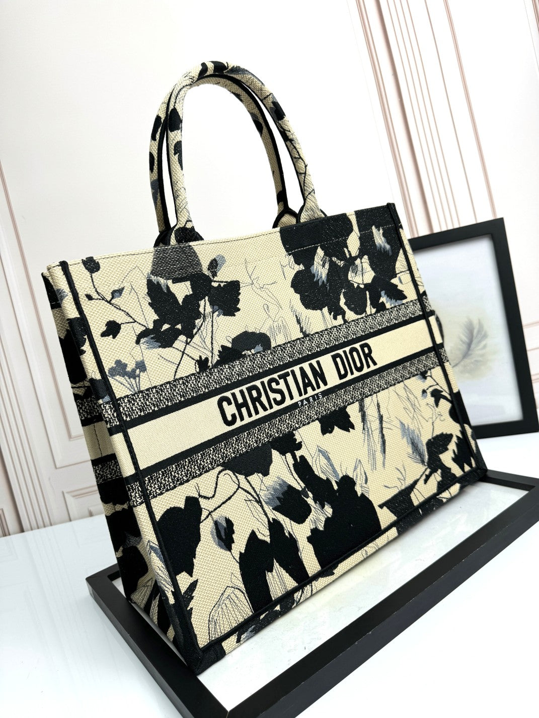 Christian Dior Book Tote Medium Black and Beige Floral Canvas Handbag