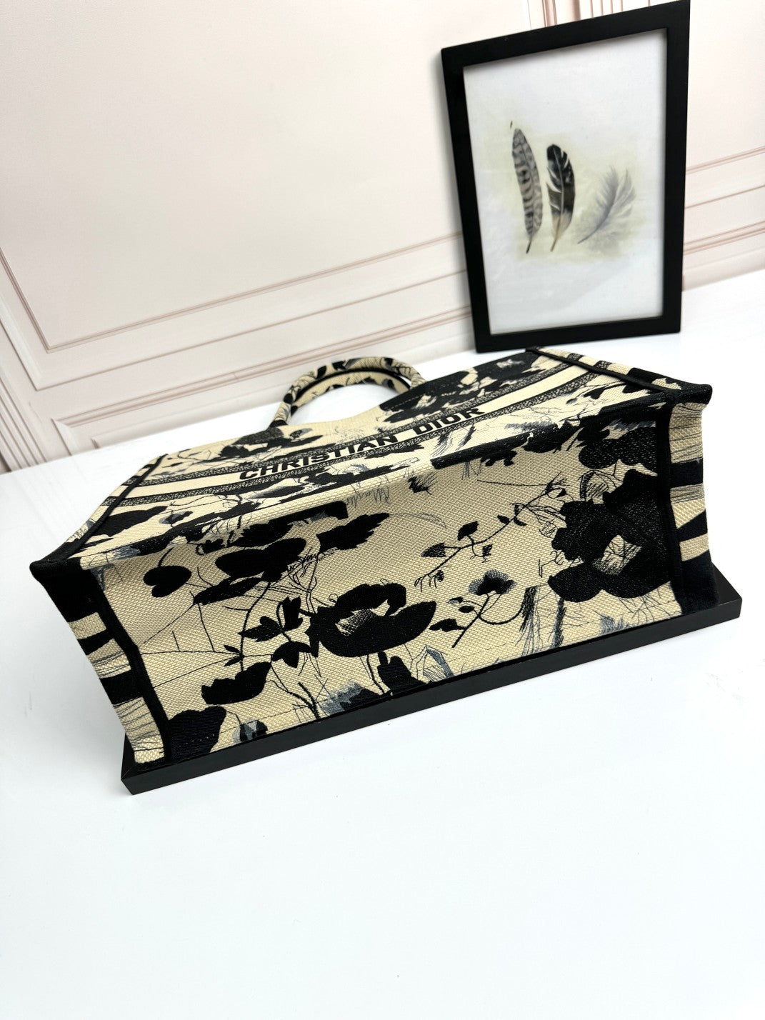 Christian Dior Book Tote Medium Black and Beige Floral Canvas Handbag
