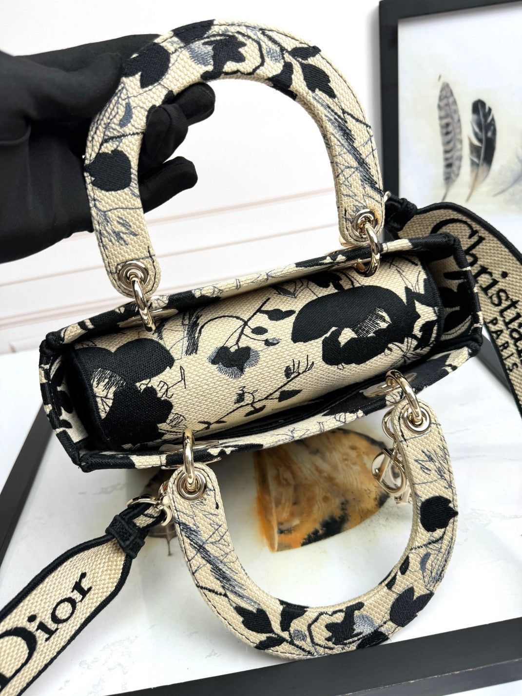 Christian Dior Lady D-Lite Medium Bag Black and White Floral Embroidery