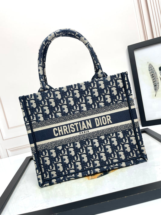 Dior Classic Navy Blue Embroidered Monogram Canvas Tote Handbag