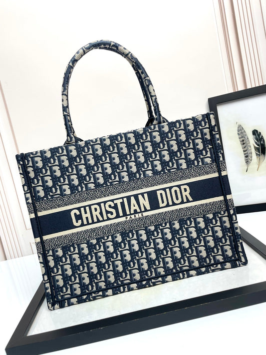 Dior Navy Blue Woven Monogram Canvas Tote Bag Large Travel Handbag
