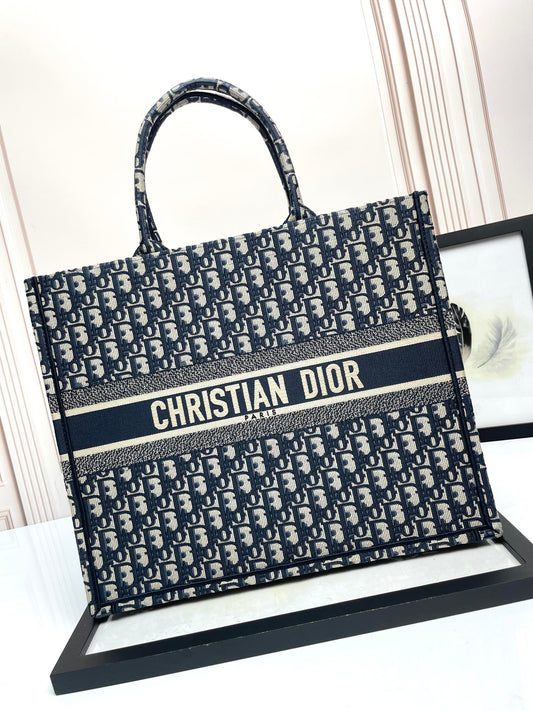 Dior Classic Blue Embroidered Canvas Monogram Tote Handbag