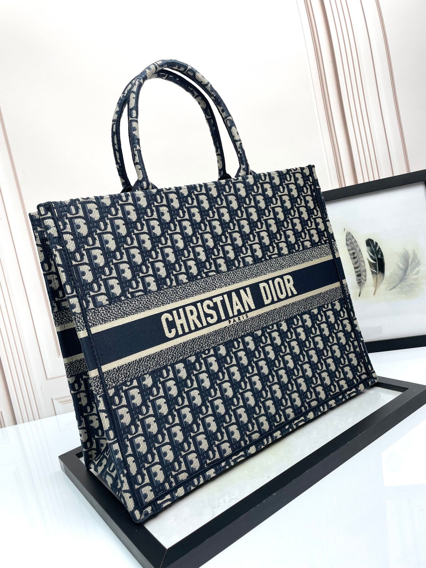 Dior Classic Navy Blue Monogram Embroidered Canvas Tote Bag