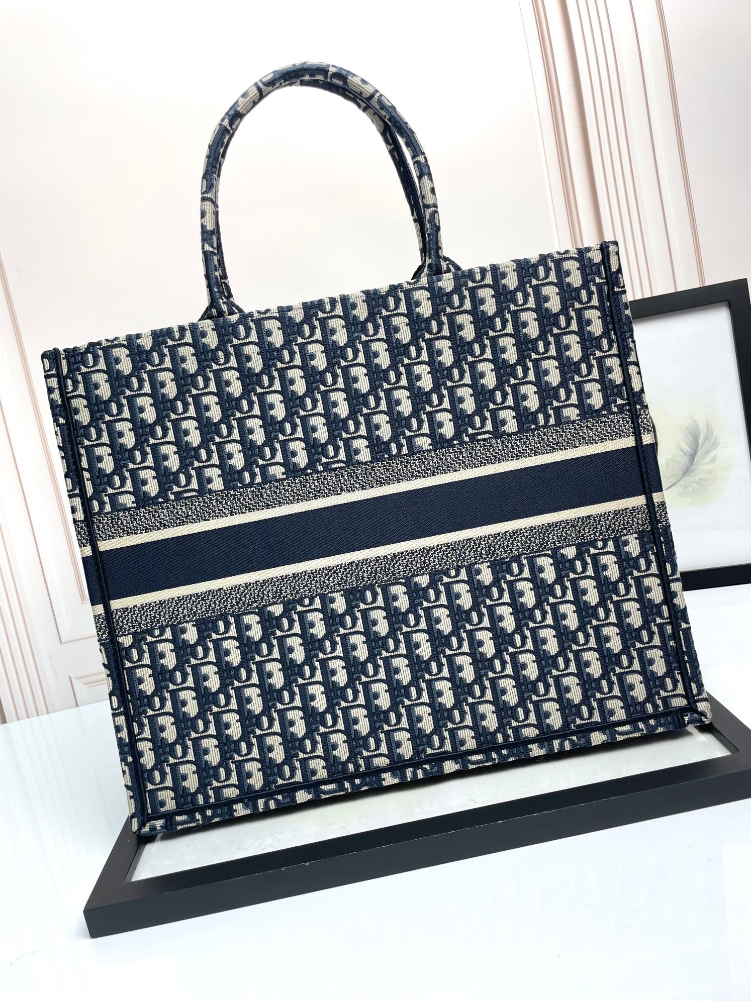 Dior Classic Navy Blue Monogram Embroidered Canvas Tote Bag