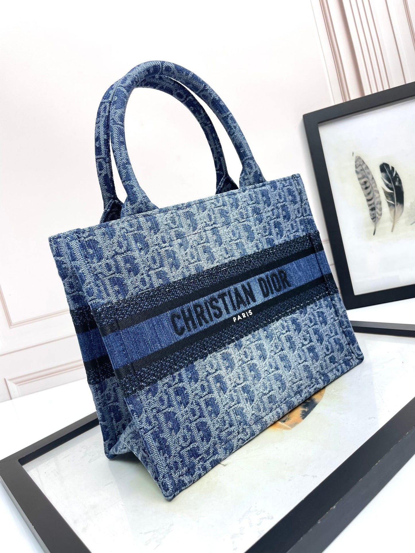 Christian Dior Book Tote Blue Oblique Embroidery Canvas Handbag