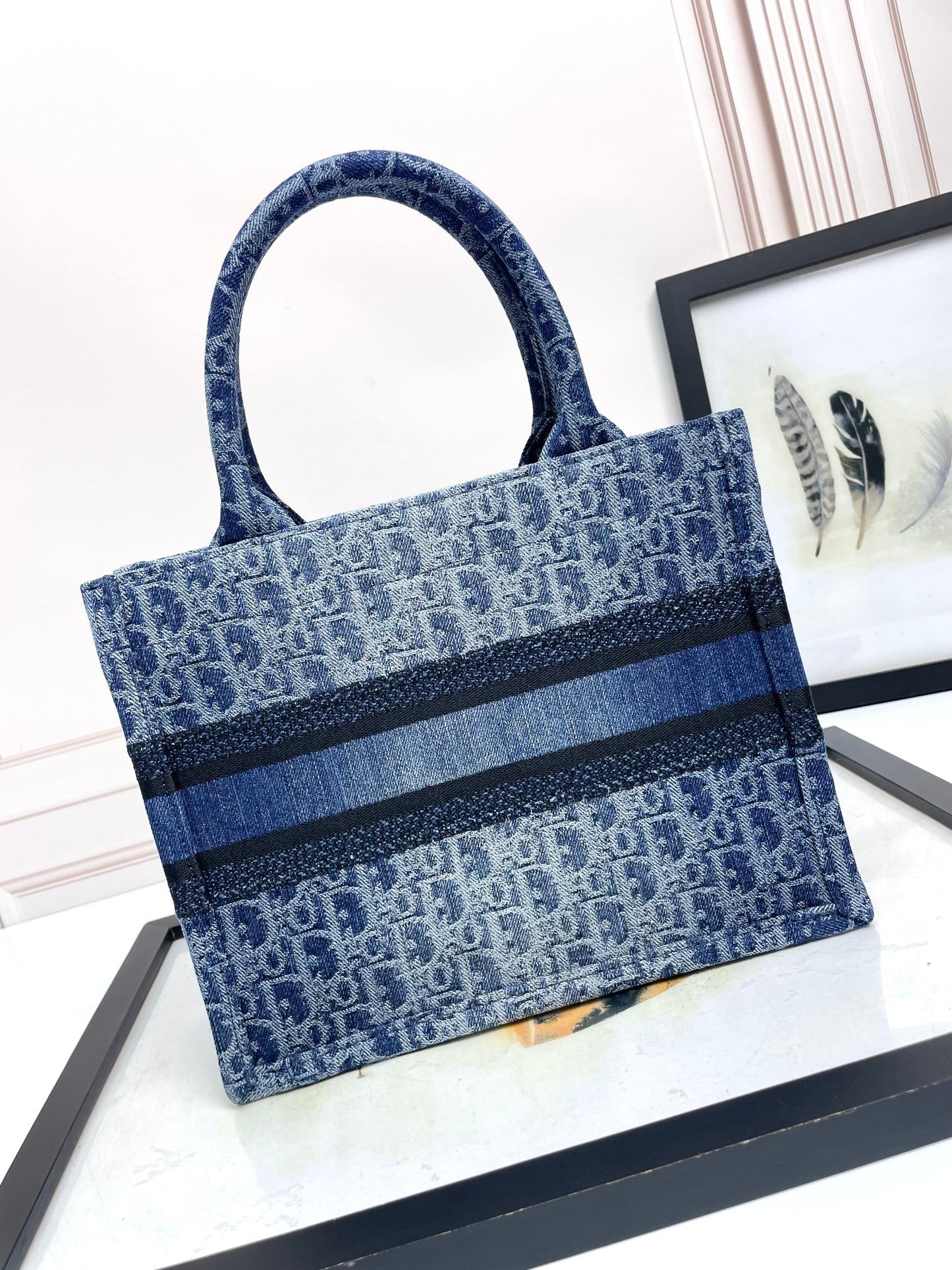 Christian Dior Book Tote Blue Dior Oblique Embroidery Medium Bag