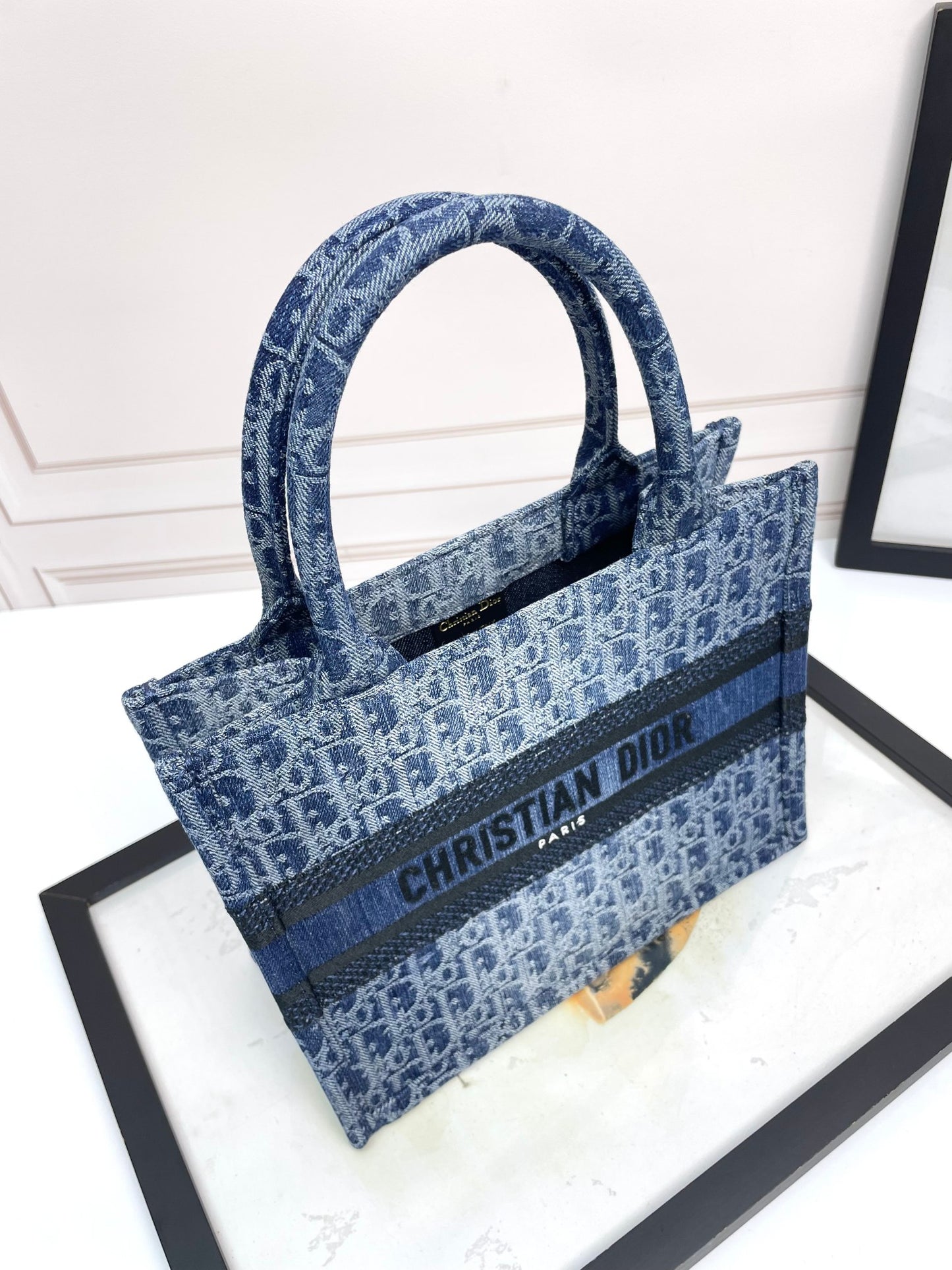 Dior Book Tote Blue Dior Oblique Embroidery Denim Handbag
