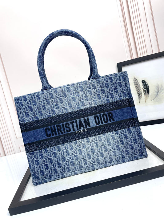 Dior Elegant Blue Monogram Canvas Tote Bag with Top Handles
