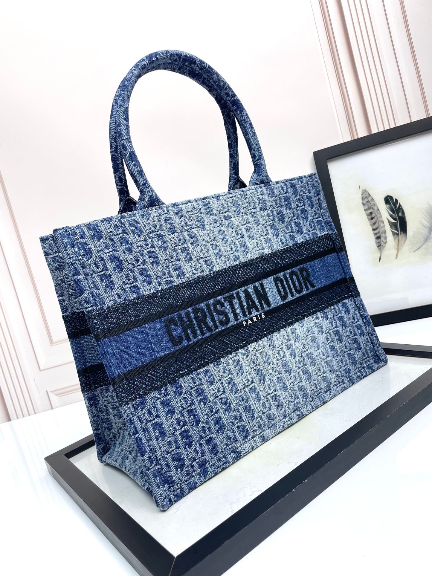 Dior Elegant Blue Monogram Canvas Tote Bag with Top Handles