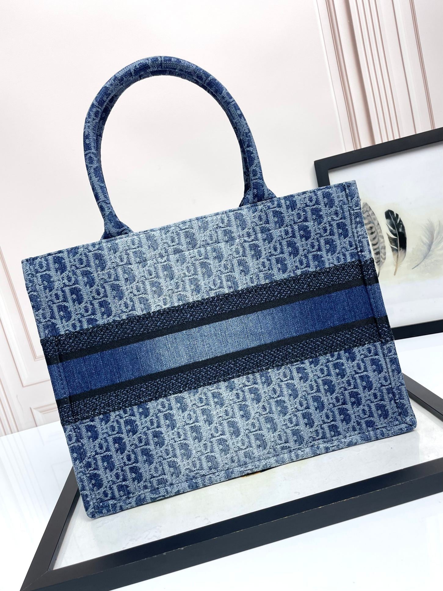Christian Dior Book Tote Blue Oblique Embroidered Canvas Handbag