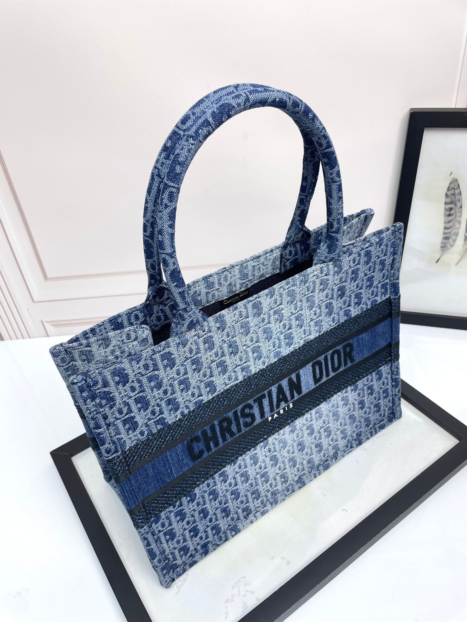 Christian Dior Book Tote Blue Oblique Embroidered Canvas Handbag