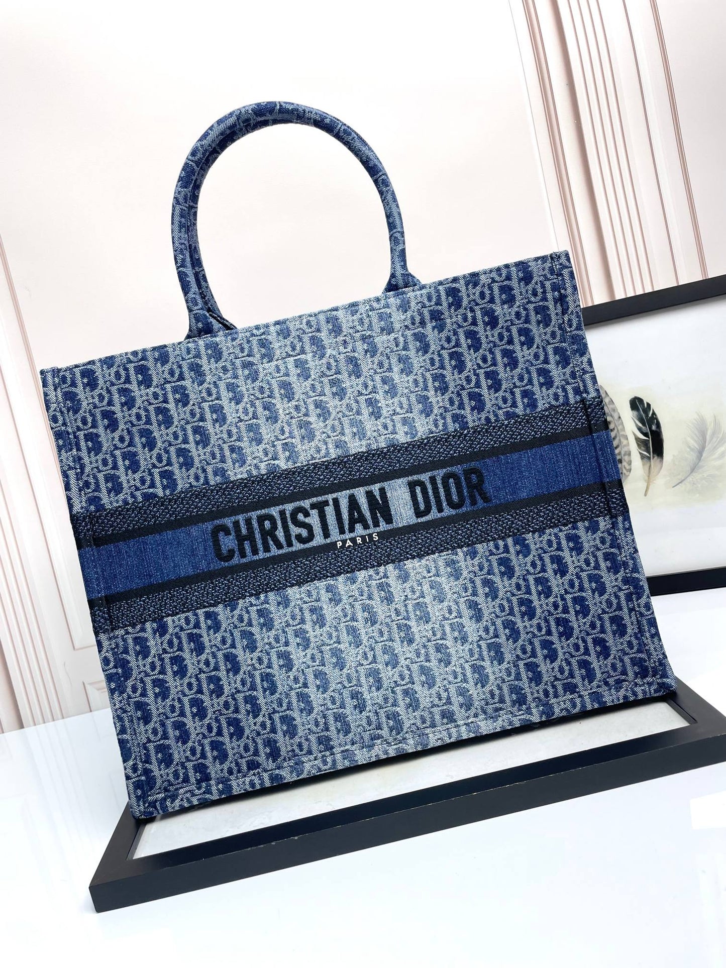 Dior Blue Monogram Embroidered Canvas Tote Bag Structured Top Handle Handbag