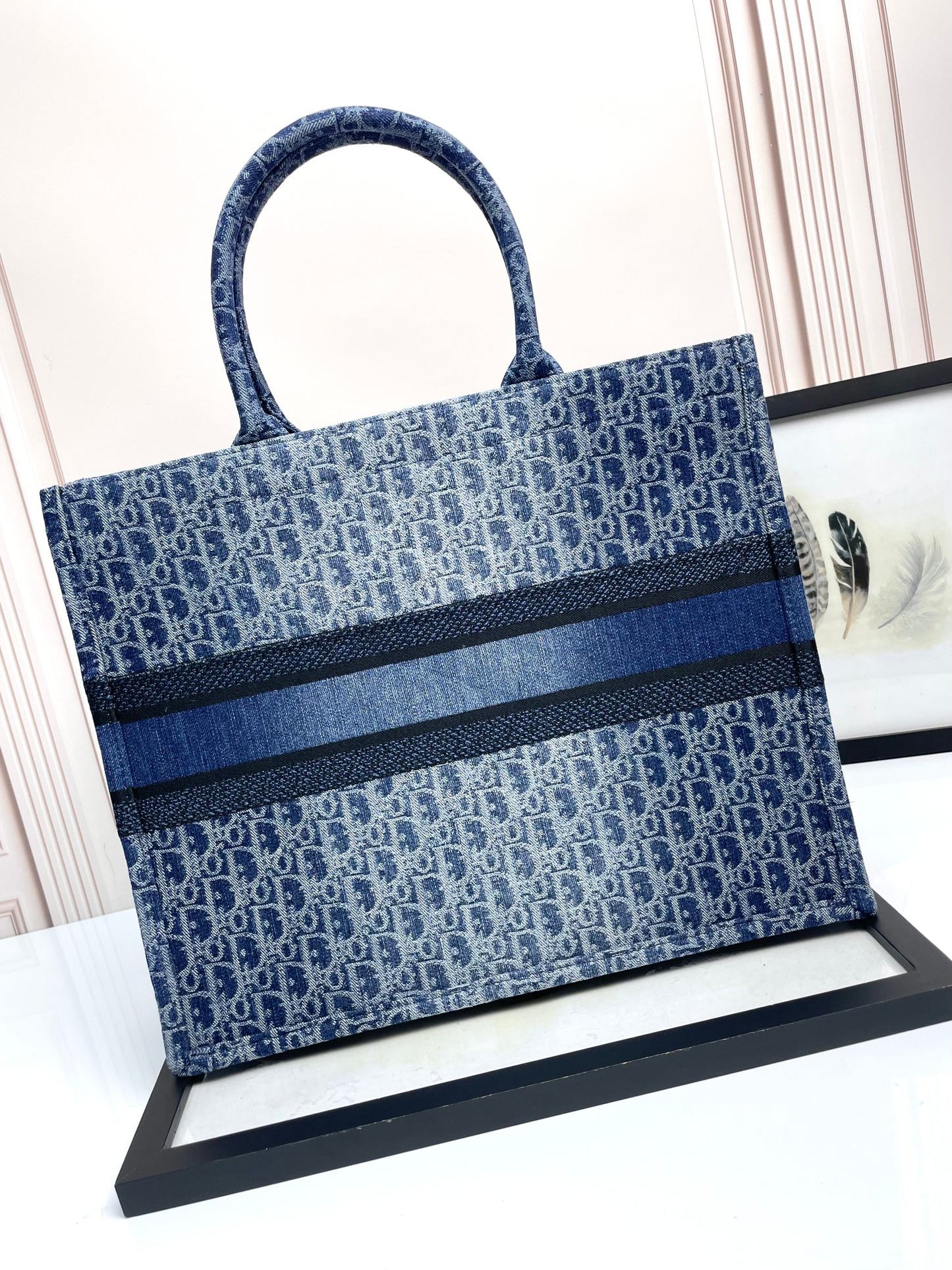 Dior Blue Monogram Embroidered Canvas Tote Bag Structured Top Handle Handbag