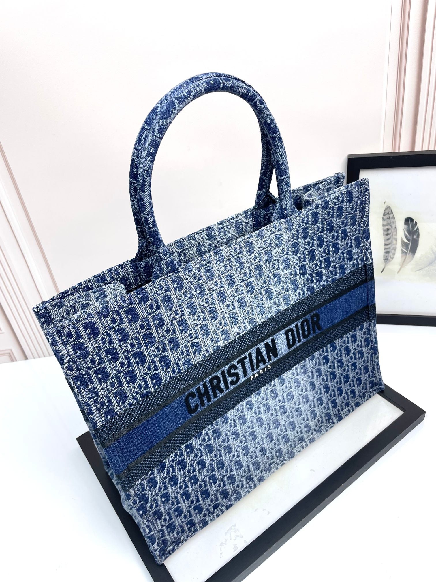 Christian Dior Blue Oblique Denim Book Tote Bag - Large Canvas Handbag