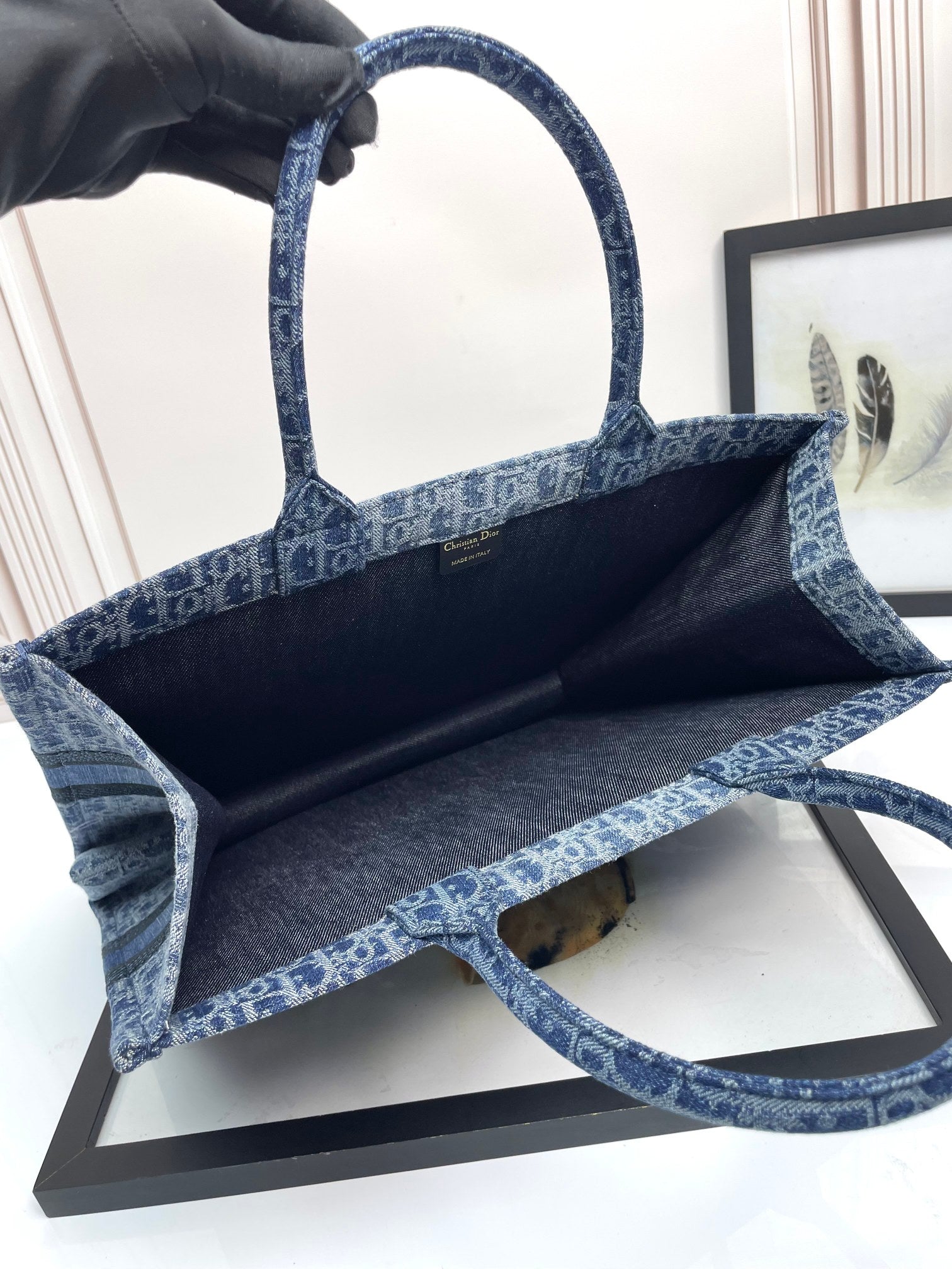 Dior Blue Denim Monogram Pattern Canvas Tote Bag with Top Handles