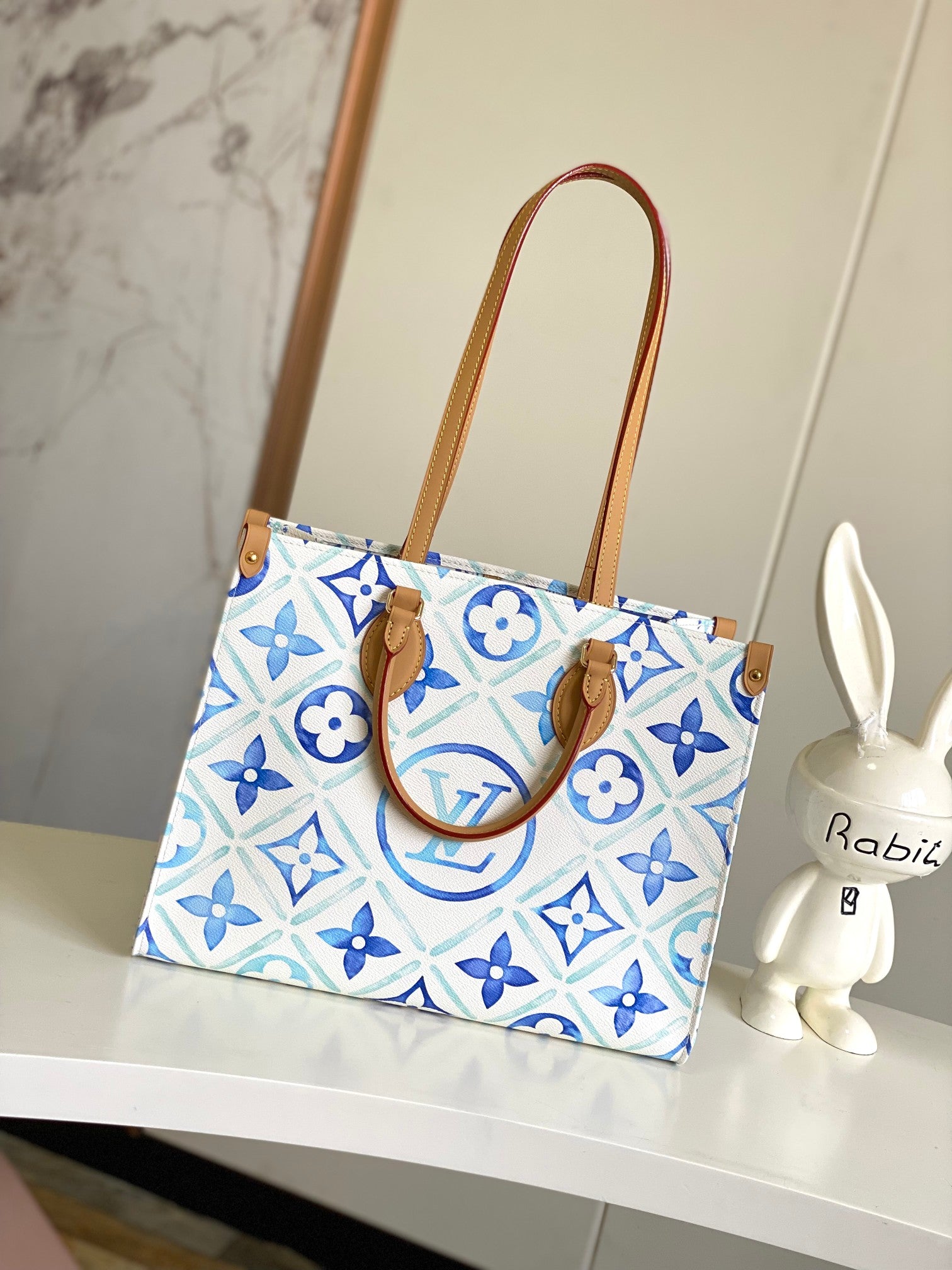 Louis Vuitton Blue Floral Monogram Pattern Large Tote Bag with Leather Handles