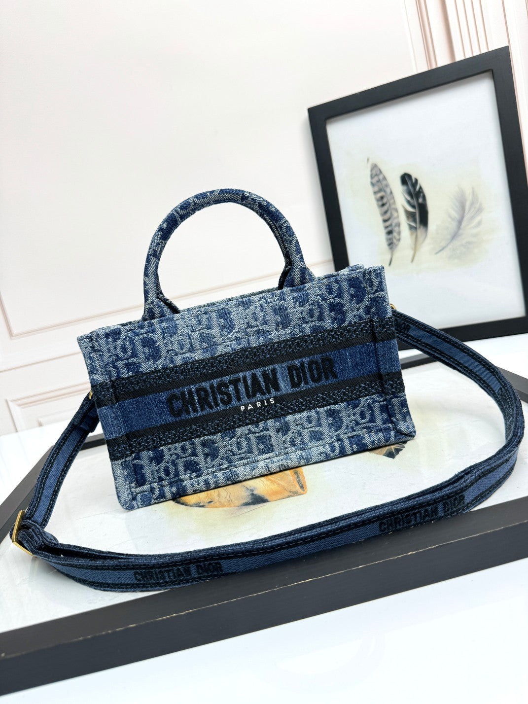 Christian Dior Mini Book Tote with Strap - Blue Dior Oblique Embroidery
