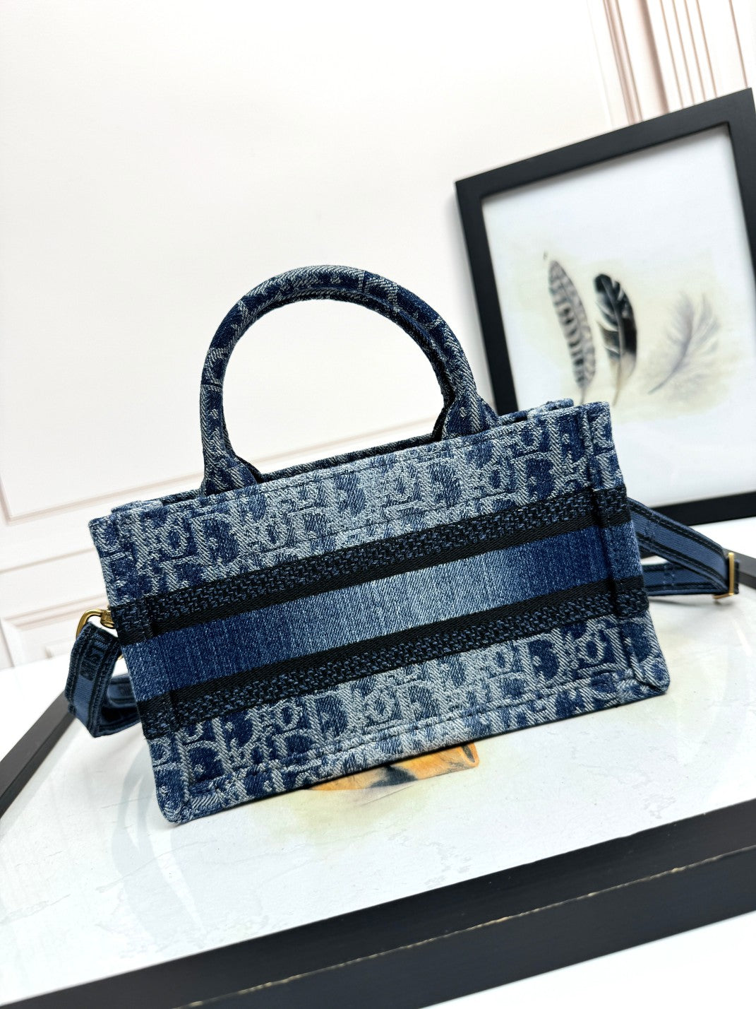 Christian Dior Mini Book Tote with Strap - Blue Dior Oblique Embroidery