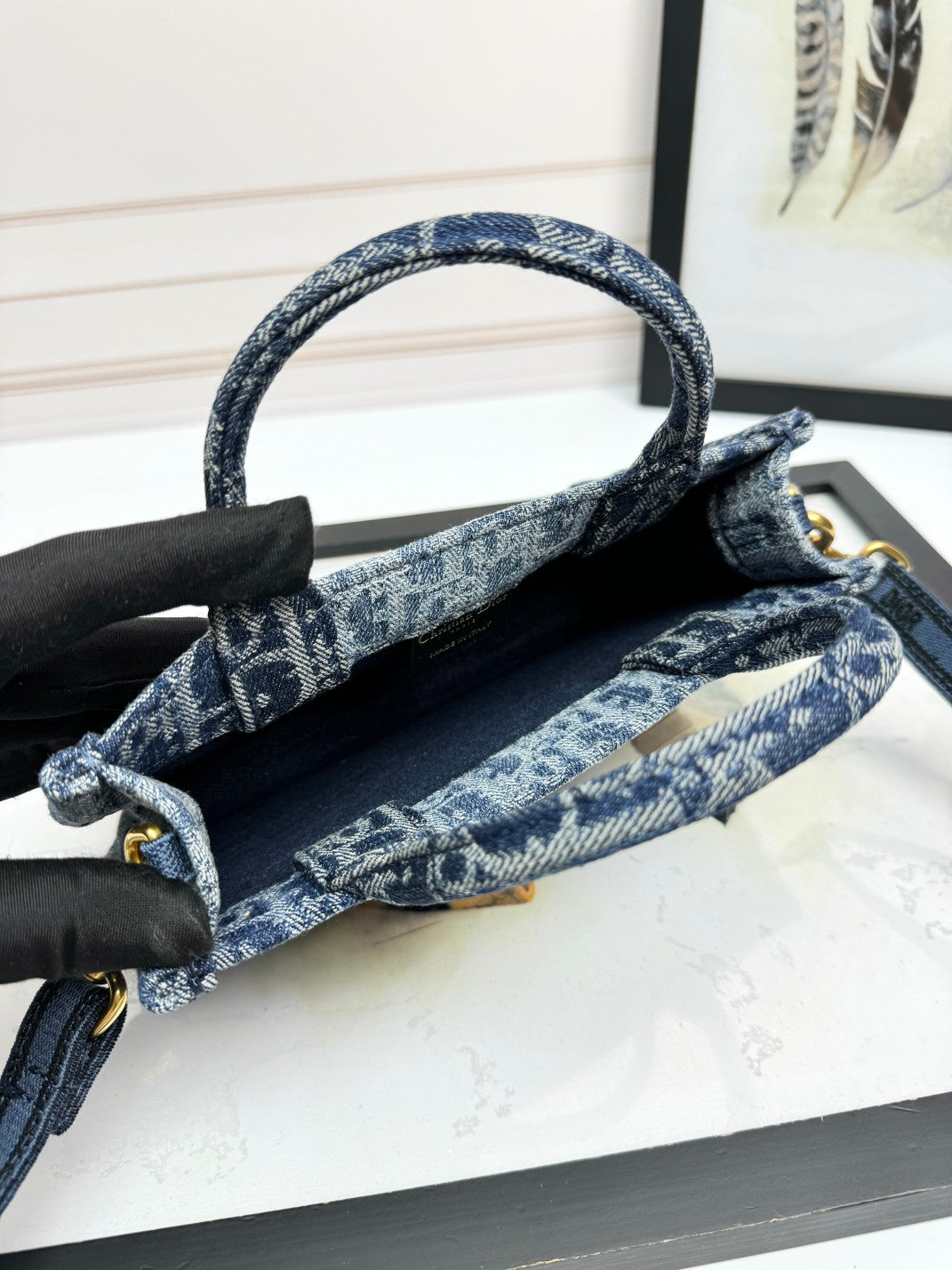 Christian Dior Mini Book Tote Blue Dior Oblique Embroidery Handbag with Strap