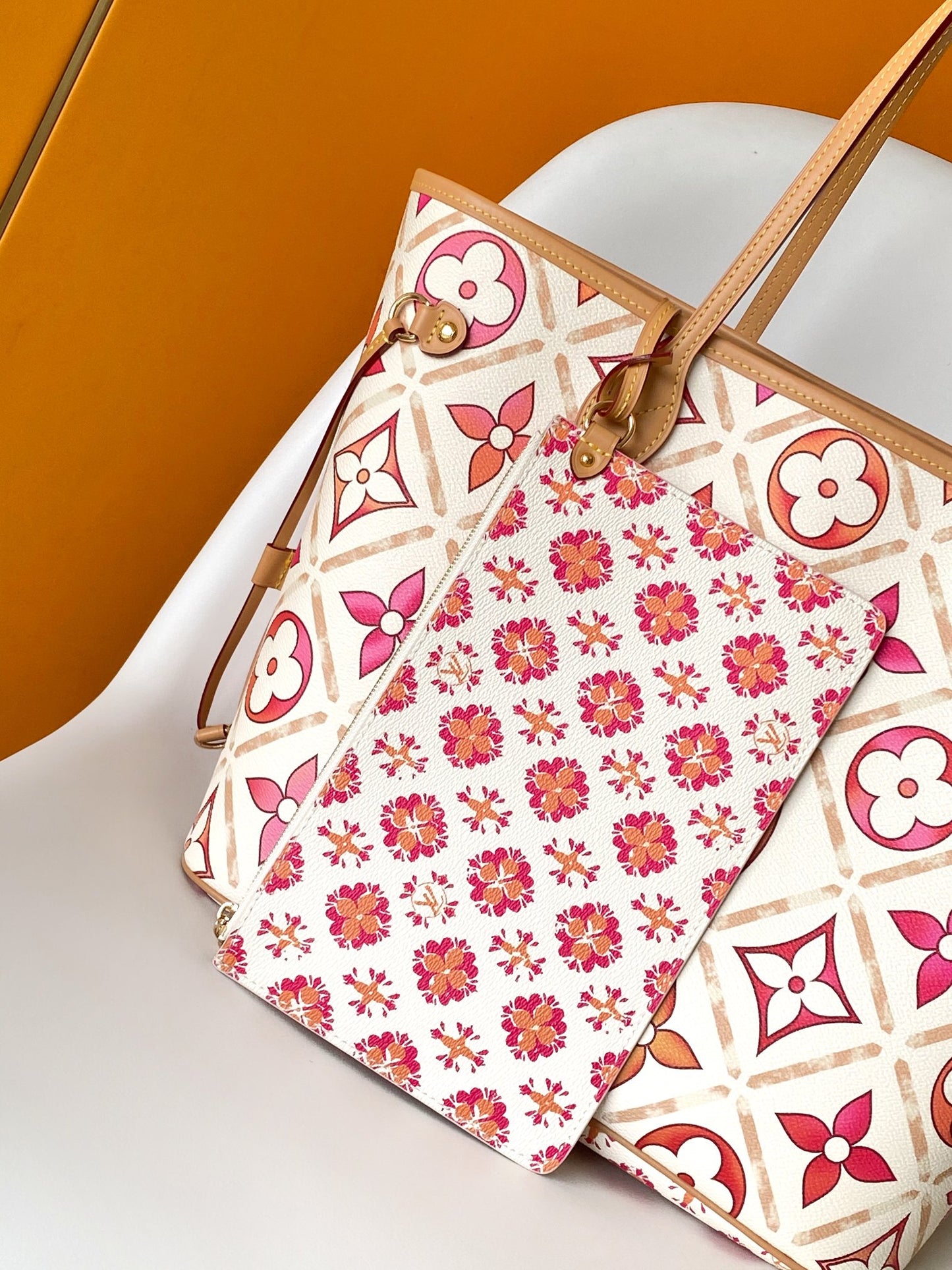 Louis Vuitton Chic Pink and Orange Monogram Canvas Shoulder Tote Handbag