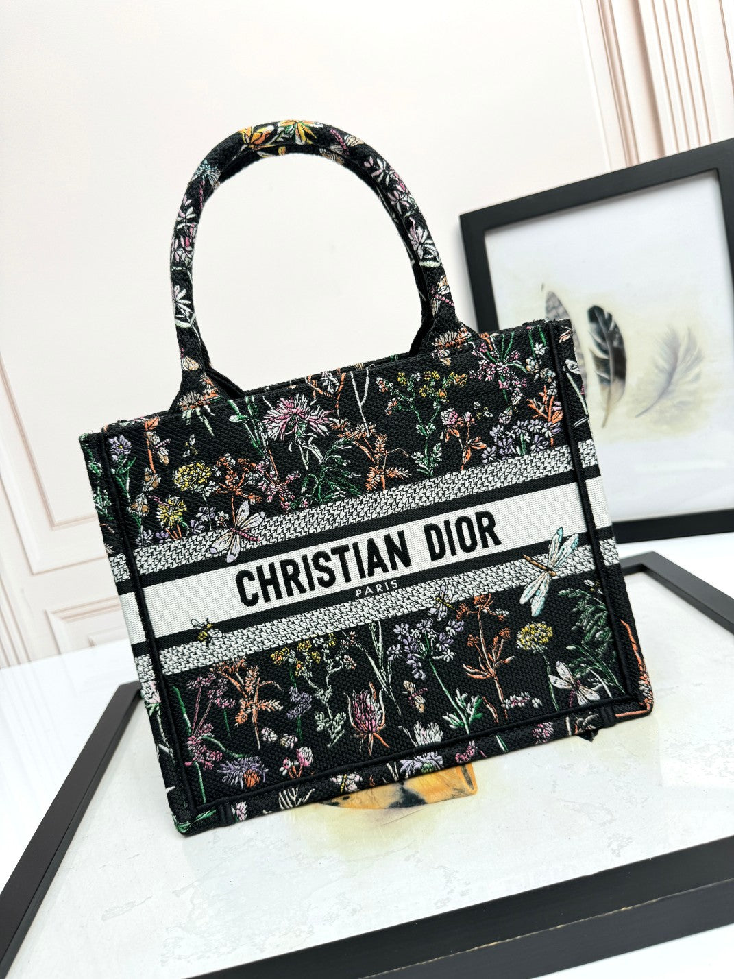 Christian Dior Book Tote with Multicolor Floral Embroidery - Black Canvas