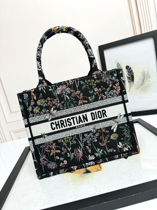 Dior Vintage Floral Embroidered Canvas Tote Handbag with Top Handles