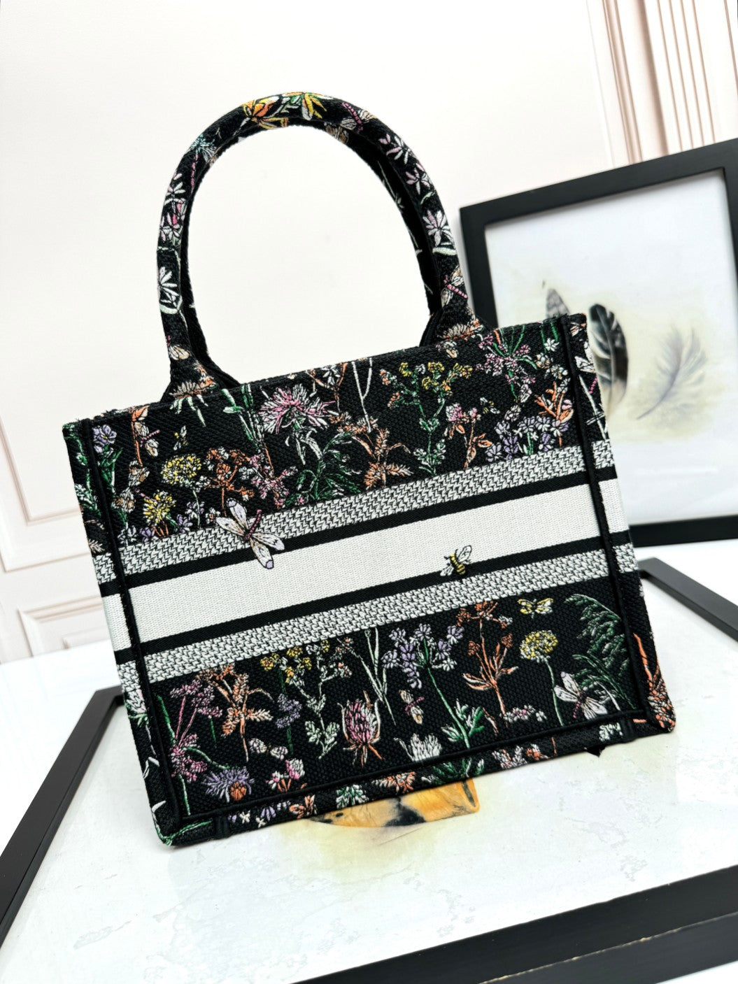 Christian Dior Book Tote Bag with Black Herbarium Embroidery