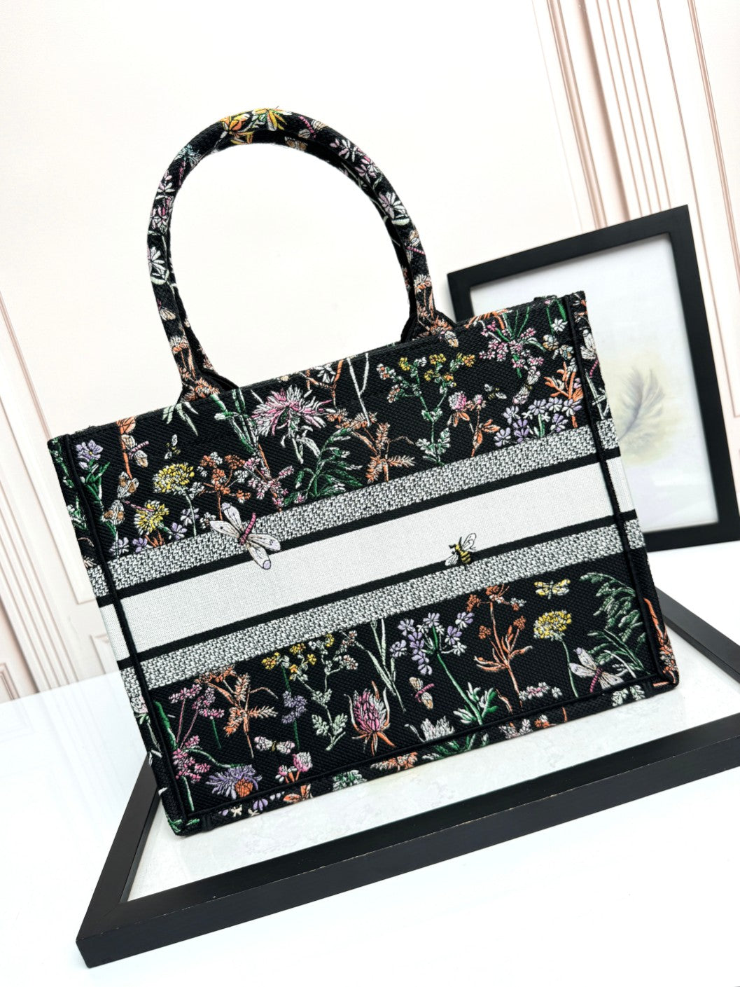 Christian Dior Large Book Tote Black Herbarium Floral Canvas Handbag