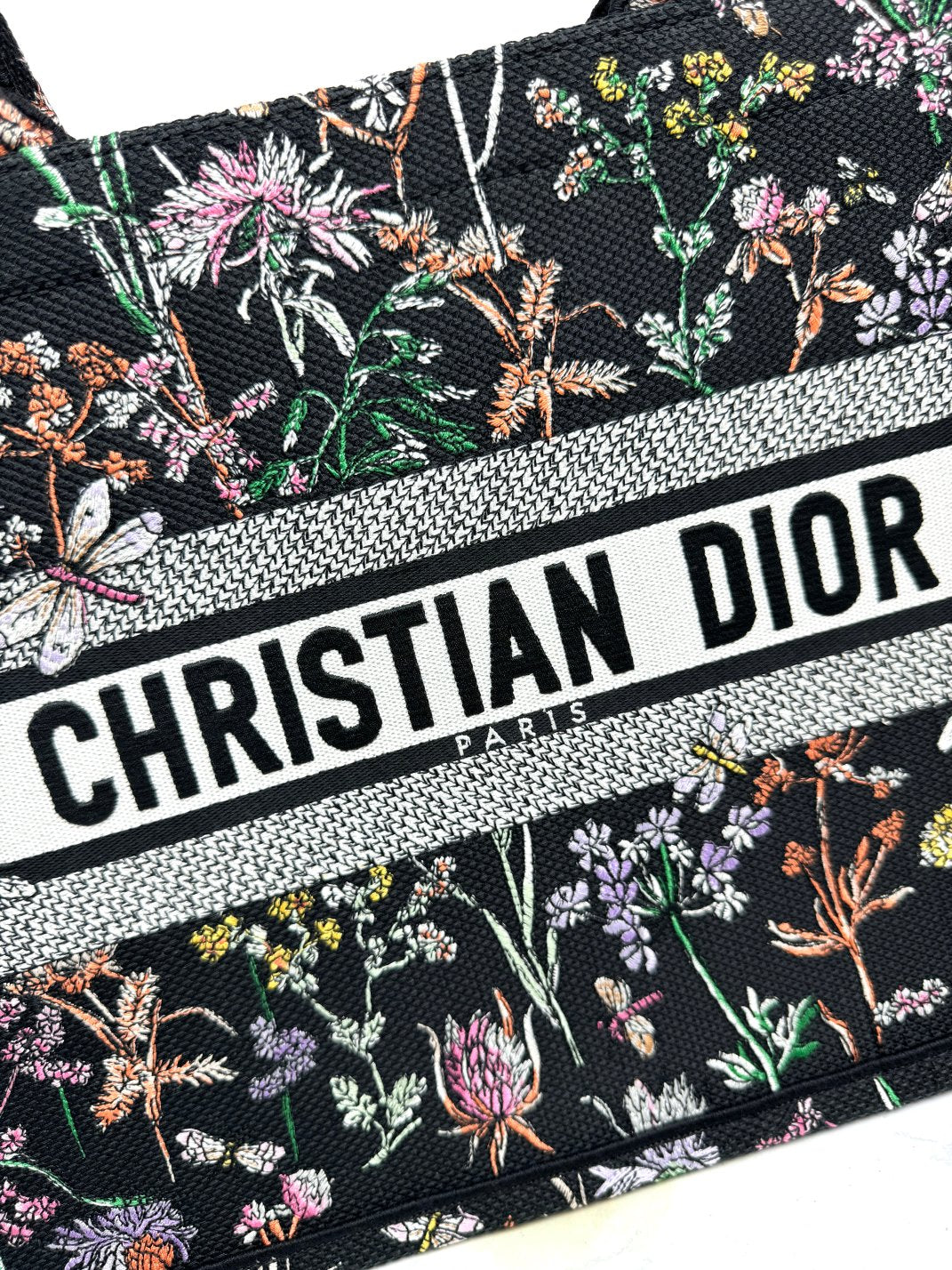 Christian Dior Large Book Tote Black Herbarium Floral Canvas Handbag