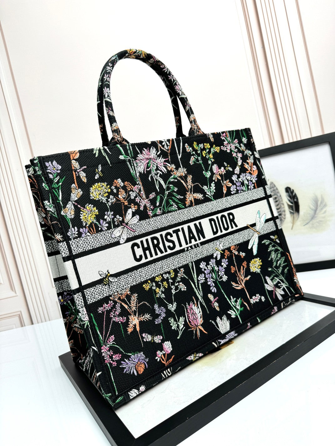 Christian Dior Large Book Tote Black Canvas with Multi-Color Floral and Dragonfly Embroidery