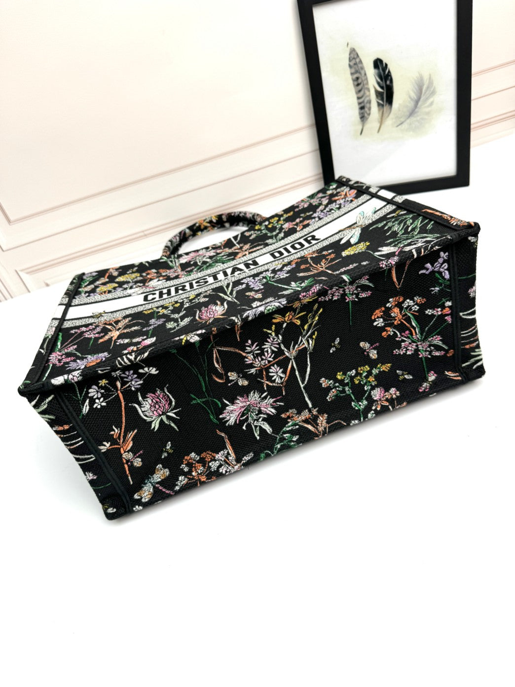 Christian Dior Large Book Tote Black Canvas with Multi-Color Floral and Dragonfly Embroidery