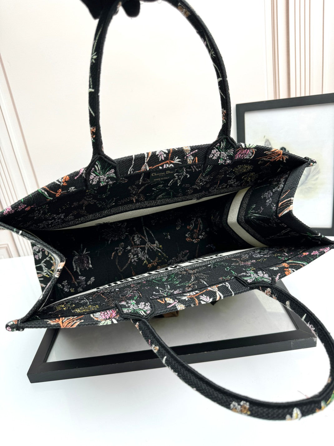 Dior Black Floral Embroidered Canvas Tote Bag Large Top Handle Handbag