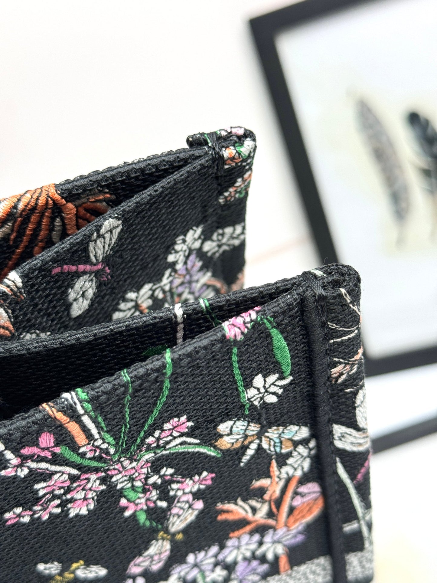 Dior Black Floral Embroidered Canvas Tote Bag Large Top Handle Handbag
