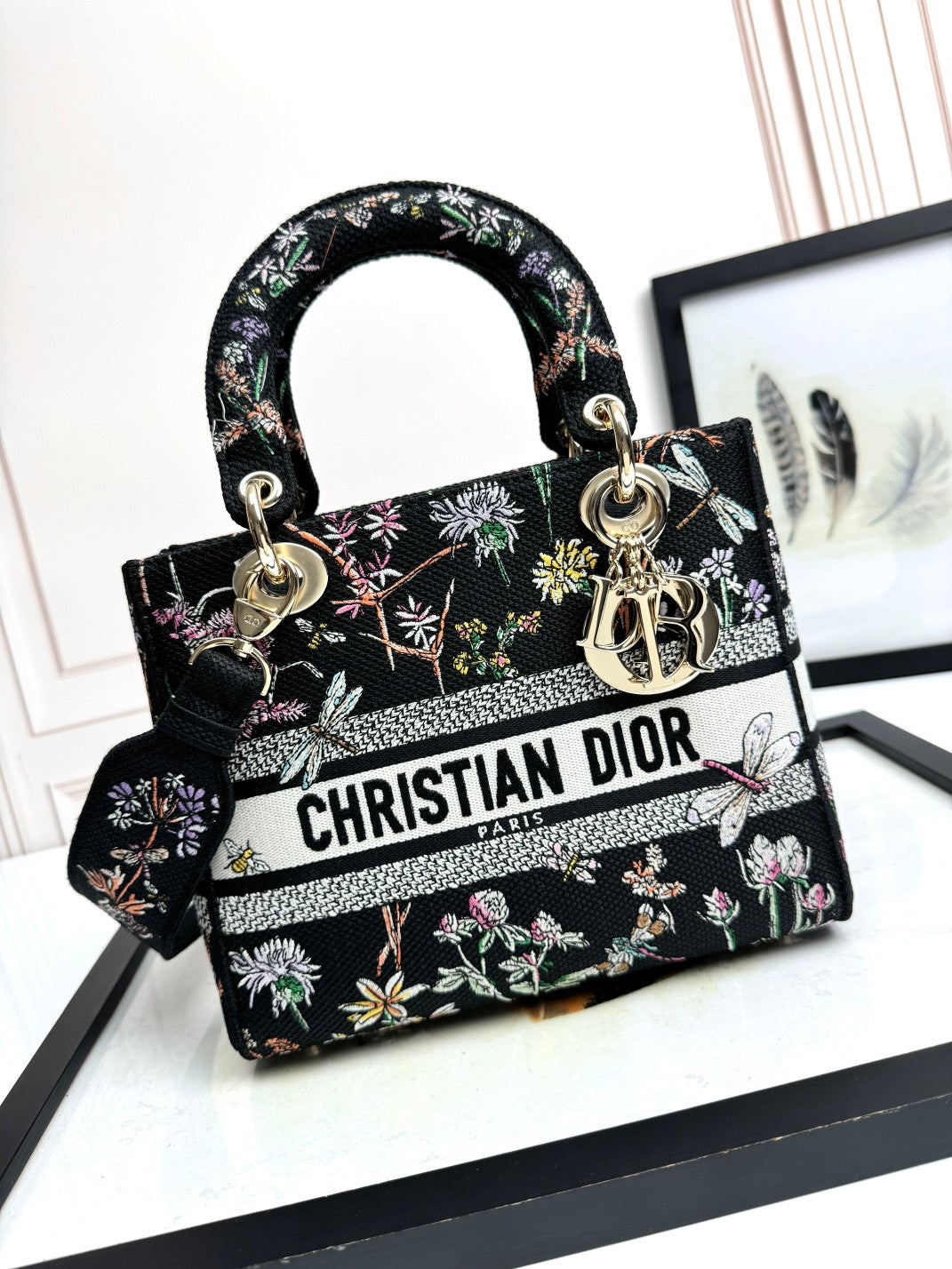 Christian Dior Lady D-Lite Bag - Black Floral Embroidery