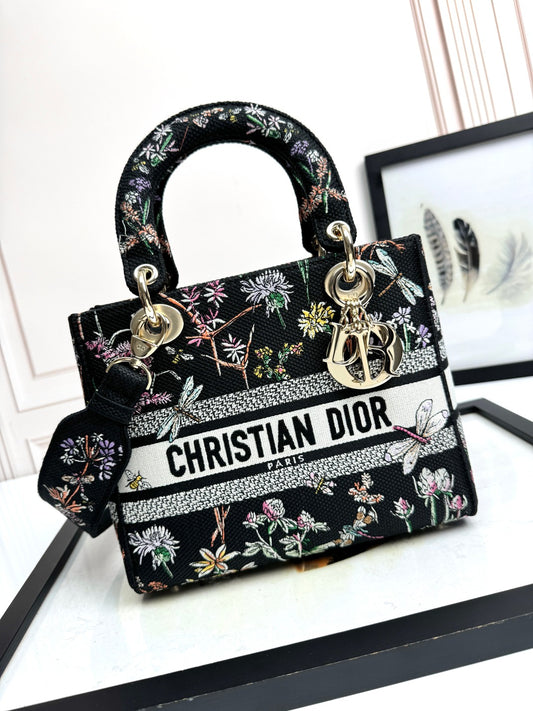 Dior Vintage Floral Dragonfly Embroidered Top Handle Canvas Handbag