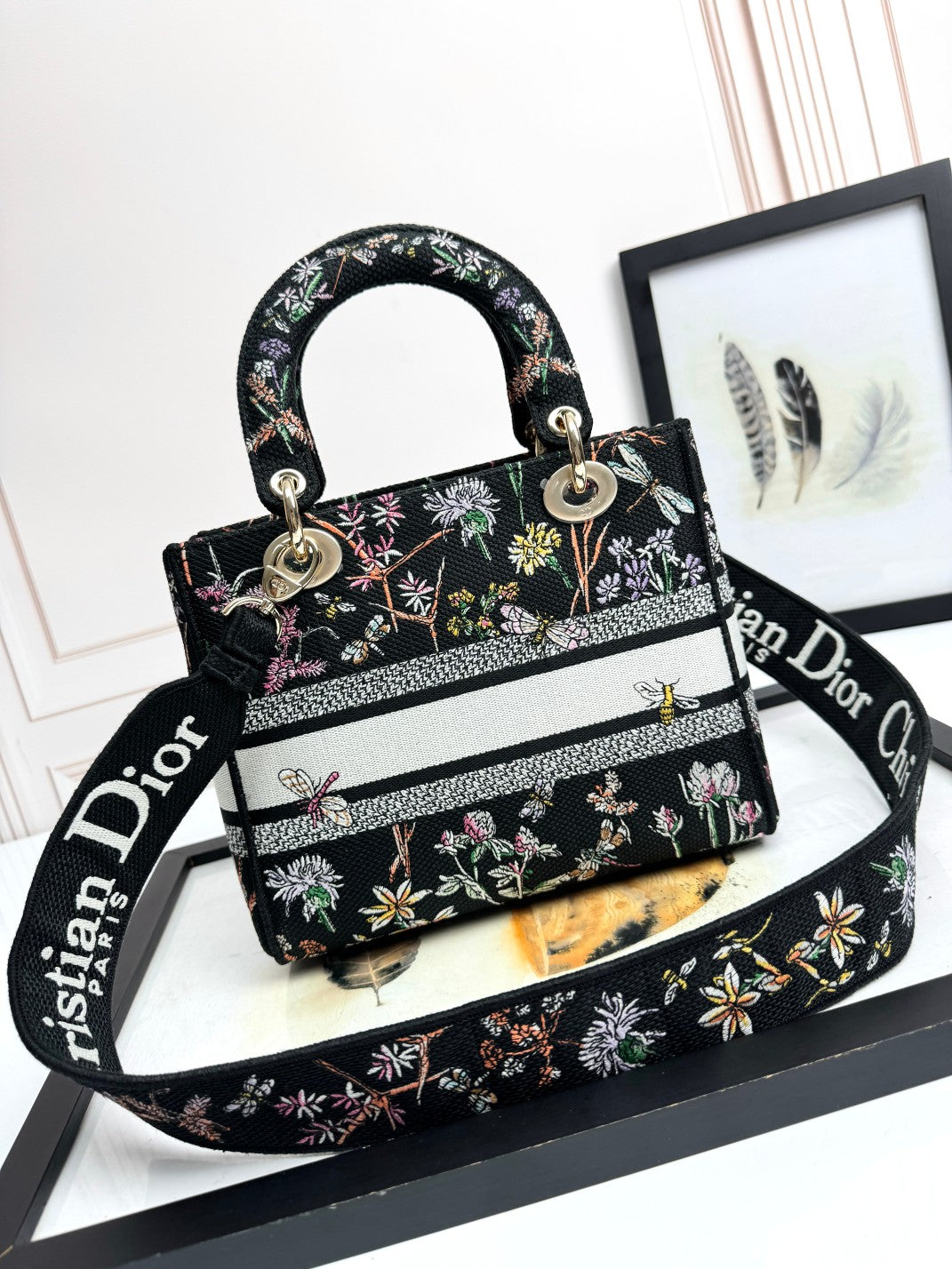 Christian Dior Lady D-Lite Bag with Floral and Dragonfly Embroidery - Black