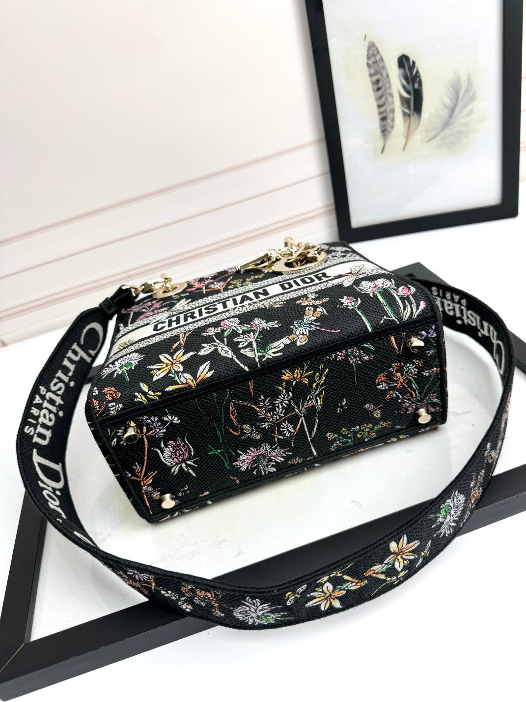 Christian Dior Lady D-Lite Bag with Floral and Dragonfly Embroidery - Black