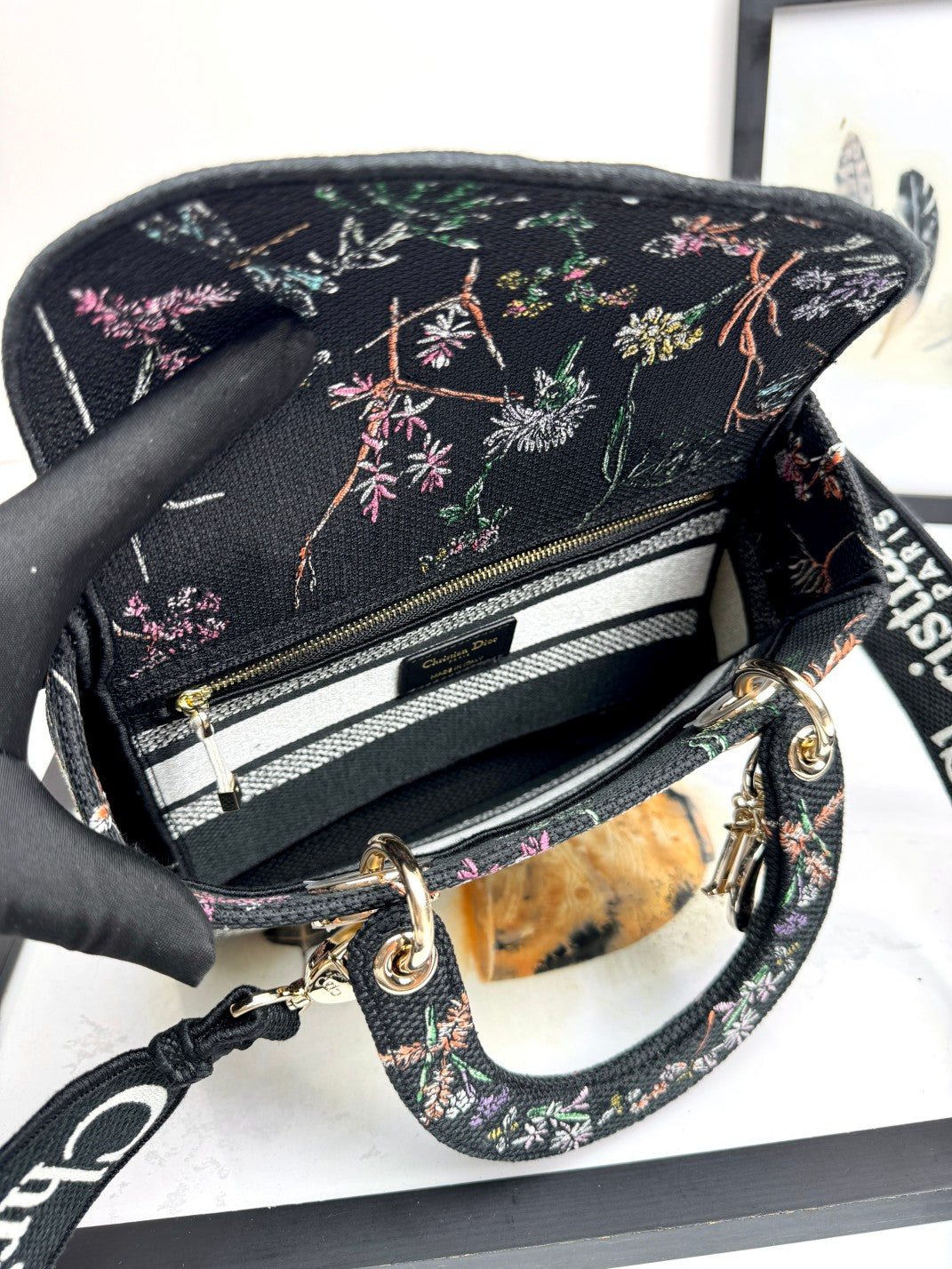 Christian Dior Lady D-Lite Bag - Black Floral Embroidery