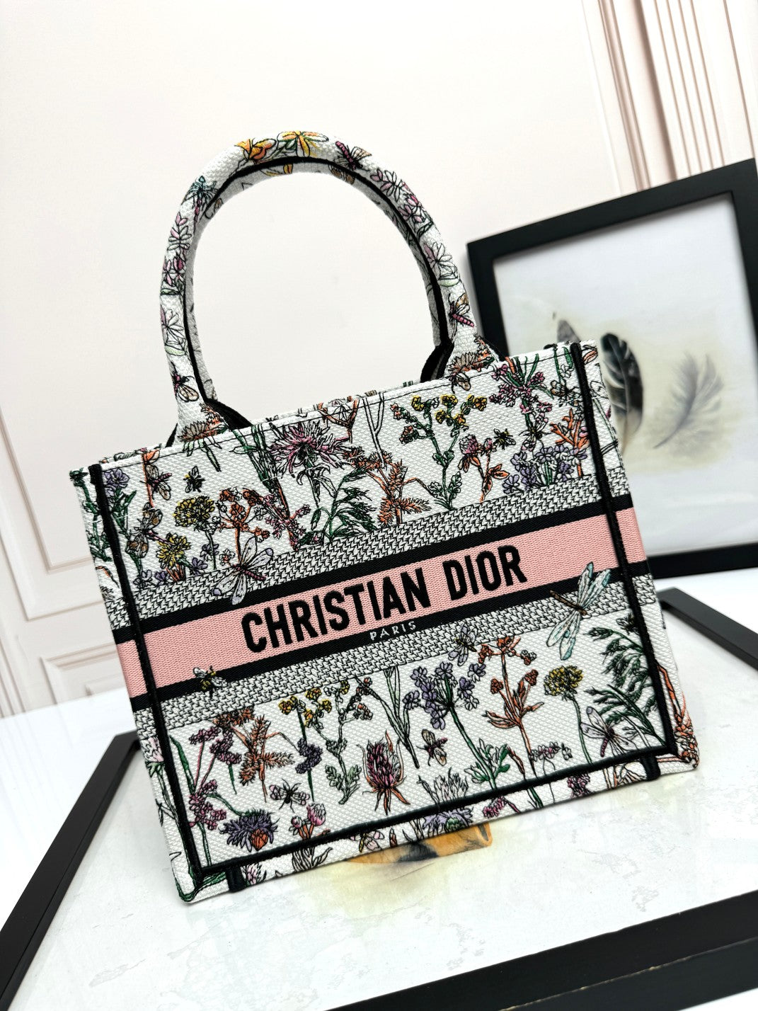 Christian Dior Floral Embroidery Medium Book Tote Bag - Pink and White