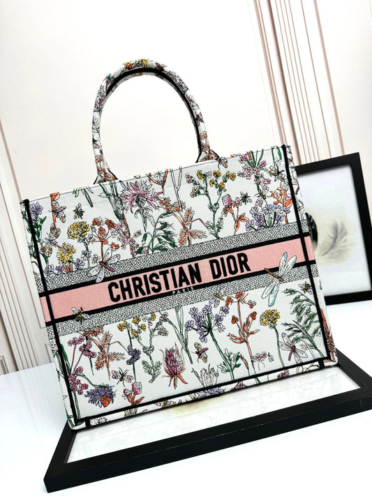 Dior Elegant Floral Print Canvas Book Tote Bag with Top Handles