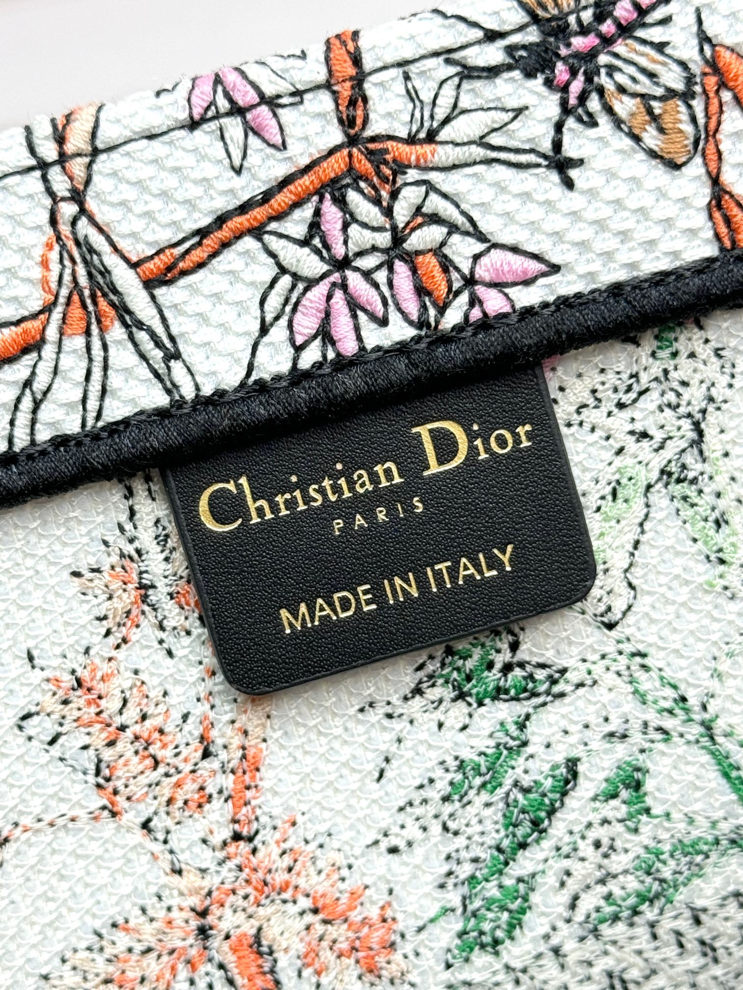 Christian Dior Large Book Tote Bag Floral Embroidered Canvas - White/Pink