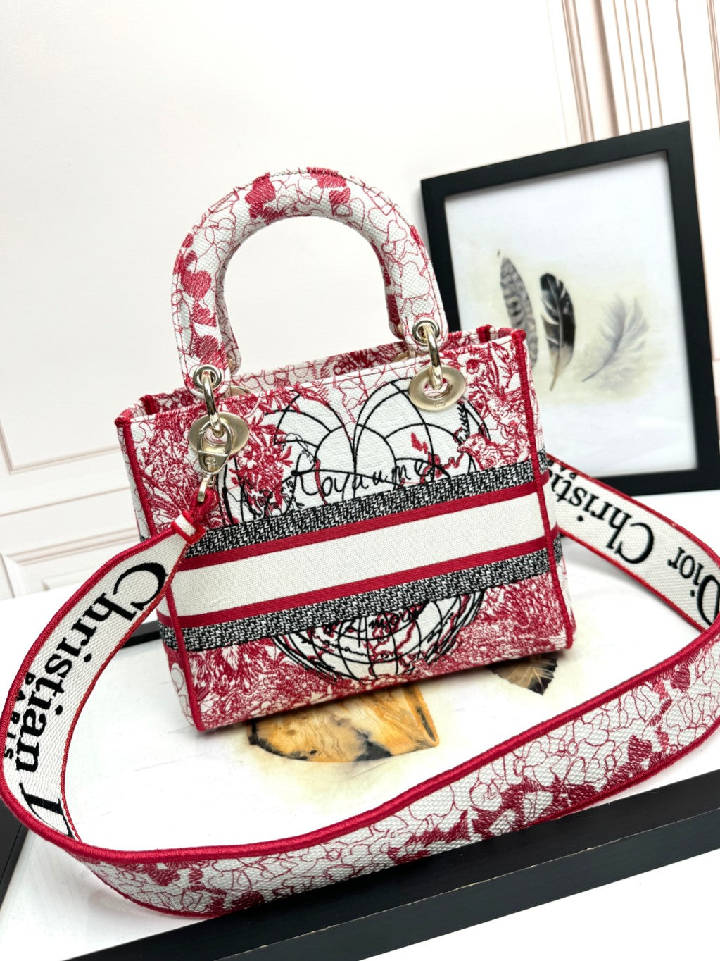 Christian Dior Medium Lady Dior Bag - Red and White Toile de Jouy Embroidery