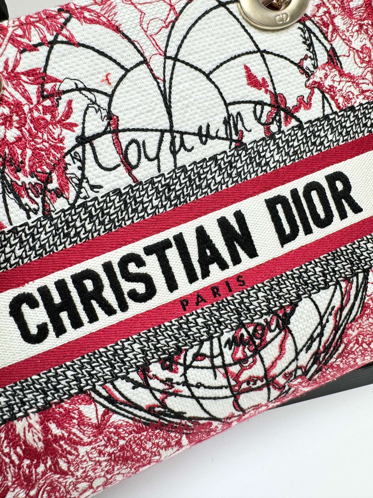 Christian Dior Lady D-Lite Medium Bag - Red and White Embroidered Toile de Jouy Canvas
