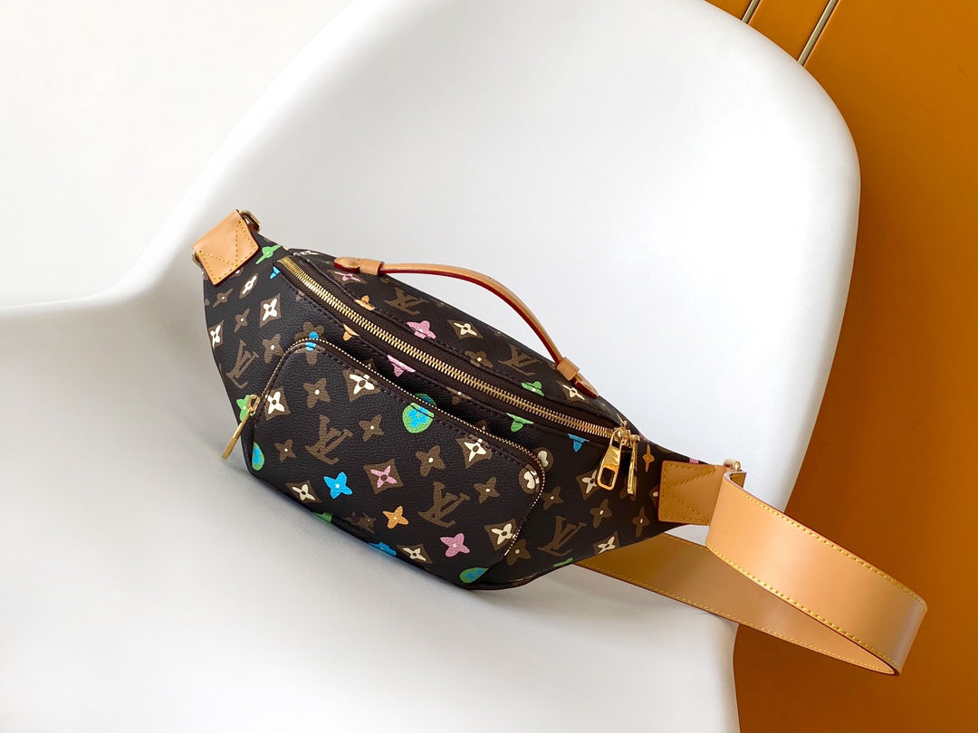 Louis Vuitton Luxury Brown Monogram Waist Bag with Colorful Flower Patterns