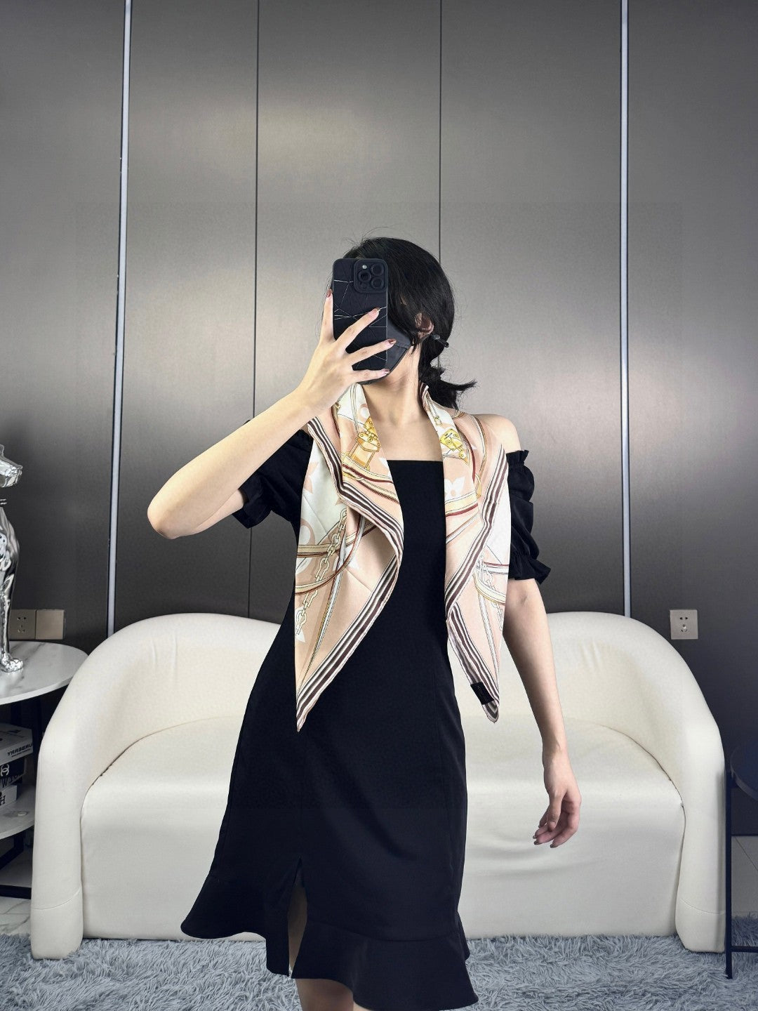 Elegant Large Square Silk Scarf for Women - Equestrian Print Fashion Shawl and Wrap, Beige and Gold Patterned Hair Scarf