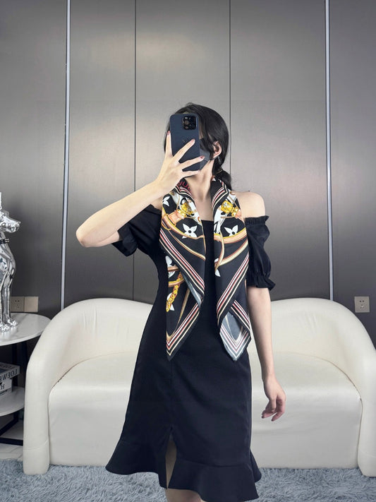 Women's Elegant Geometric Patterned Square Silk Scarf - Black, Gold, and Grey Luxury Style Neck Wrap