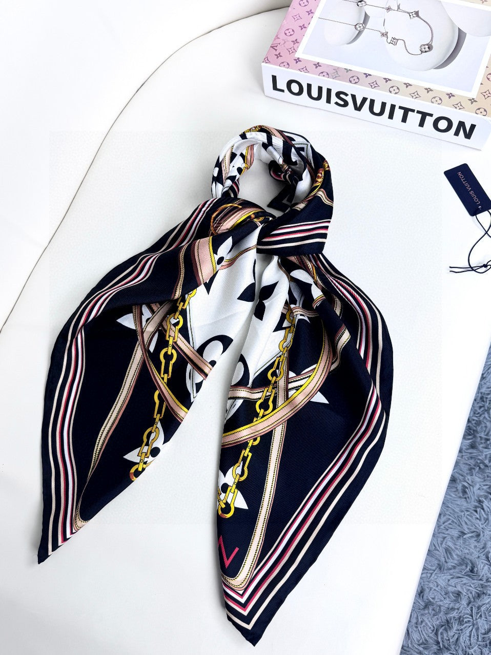 Women's Elegant Geometric Patterned Square Silk Scarf - Black, Gold, and Grey Luxury Style Neck Wrap