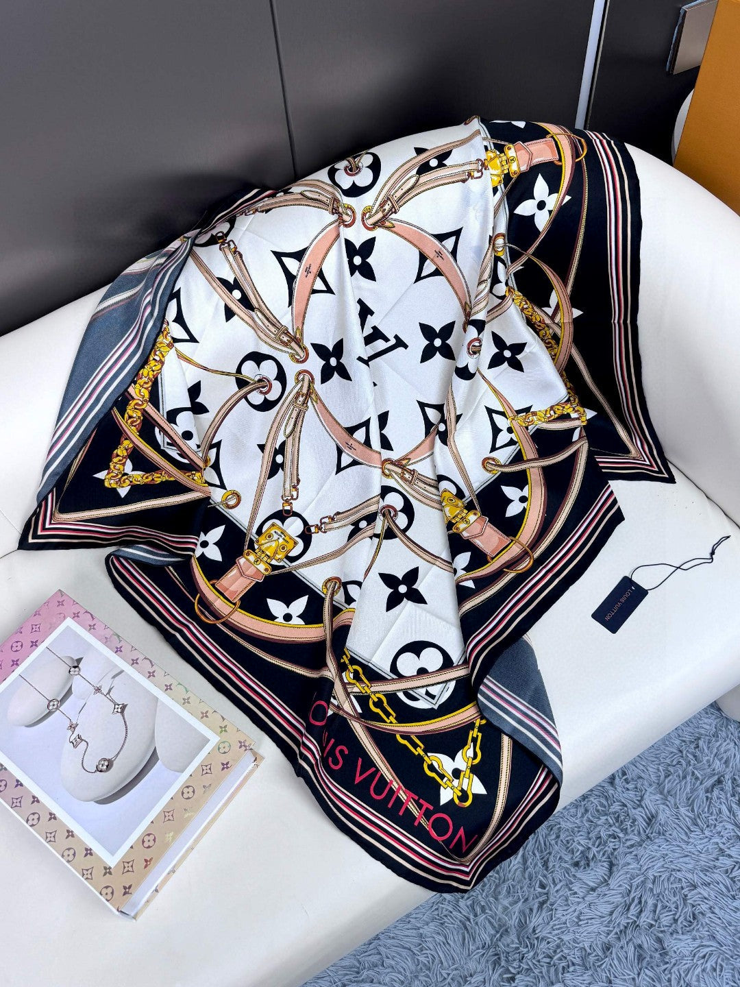 Women's Elegant Geometric Patterned Square Silk Scarf - Black, Gold, and Grey Luxury Style Neck Wrap